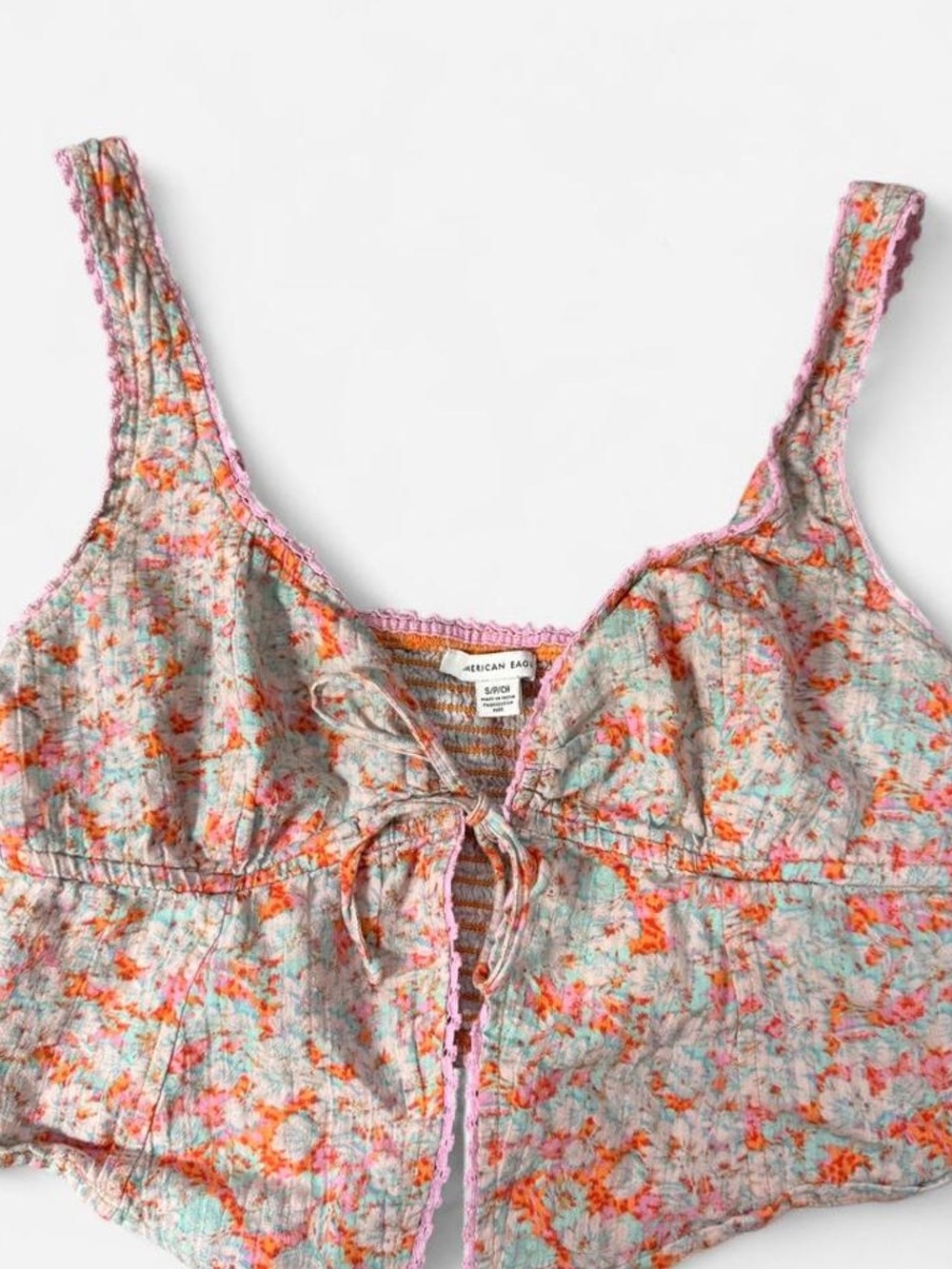 American Eagle Smocked Boho Floral Tie-Front Camisole